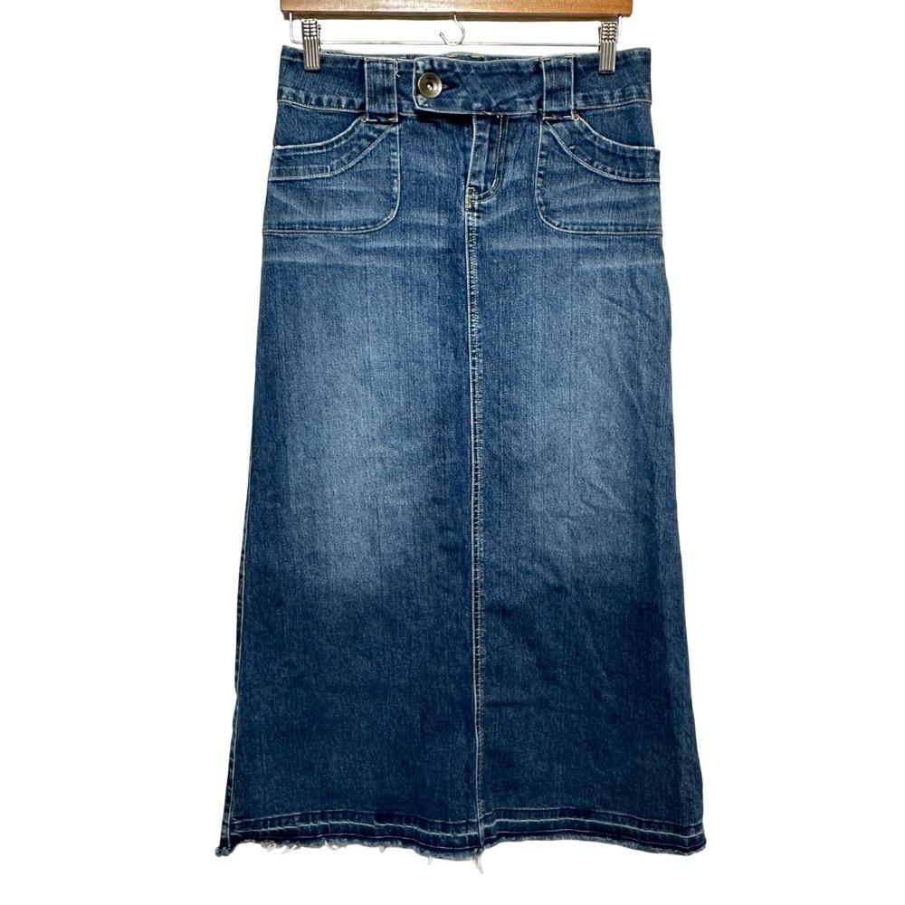 Vintage Kama Denim Maxi Skirt Womens Size 9 Blue Jean Raw Hem Long Y2K Boho